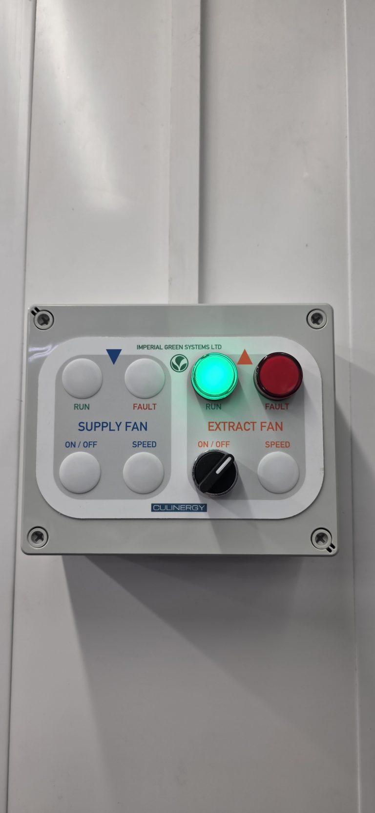 Custom remote control station providing local control of a commercial kitchen extract fan.