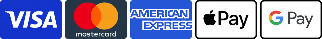 Accepted payment methods: Visa, Mastercard, American Express, Apple Pay and Google Pay.